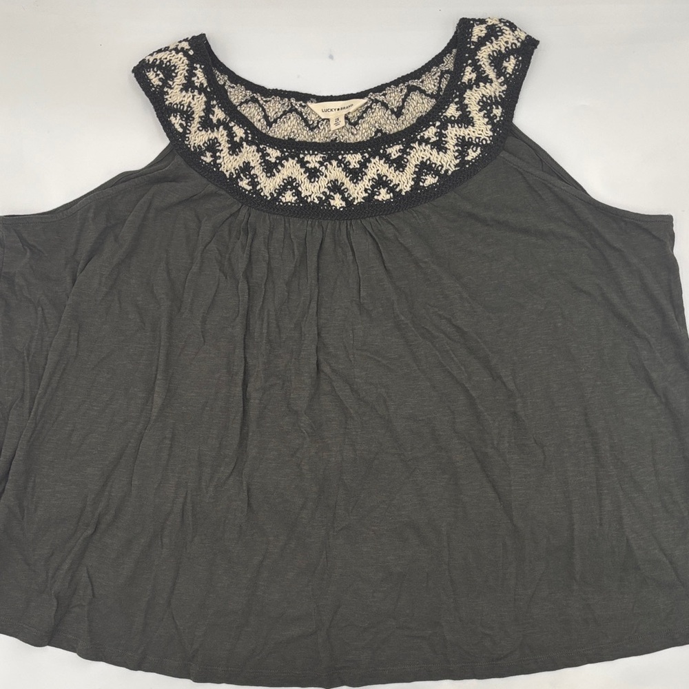 Lucky Brand Embroidered Round Neck Cotton Tank in Raven